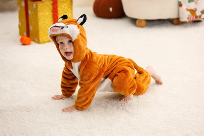 Baby Winter Rompers - Soft Polyester Hooded Jumpsuit With Animal Pattern, Machine Washable