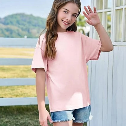 Girls Boys Short Sleeve T Shirts Kids Pure Cotton Summer Oversized Tops Children Teens Solid Casual Crewneck Basic Tees 3-14Y