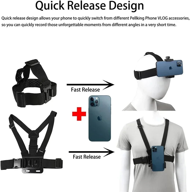 2 in 1 Mobile Phone Chest Strap Harness Stand Head Strap Holder Kit for IPhone GoPro POV Vlog Selfie Stick Tripod Bracket Mount