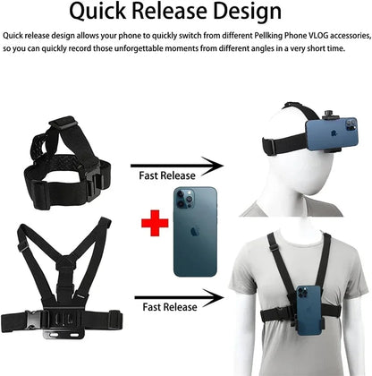 2 in 1 Mobile Phone Chest Strap Harness Stand Head Strap Holder Kit for IPhone GoPro POV Vlog Selfie Stick Tripod Bracket Mount