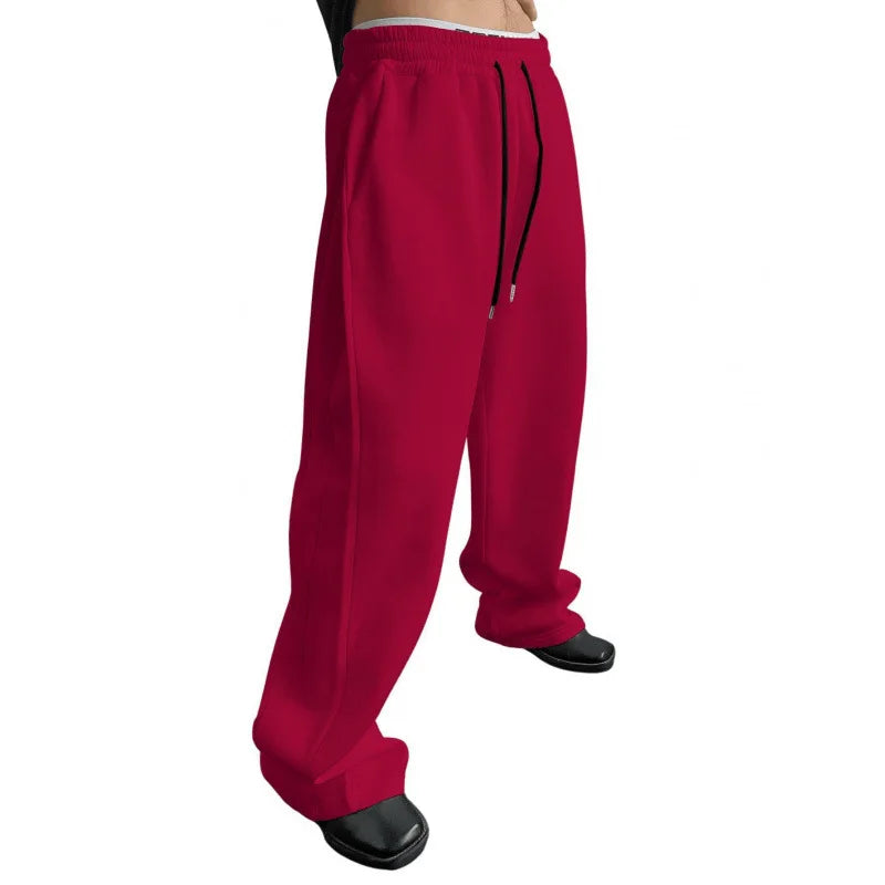 Men's Solid Color Sanitary Winter Pants 2025 Drawstring Waist Straight Wide Leg Loose Fit with Pockets Versatile Sports Trousers