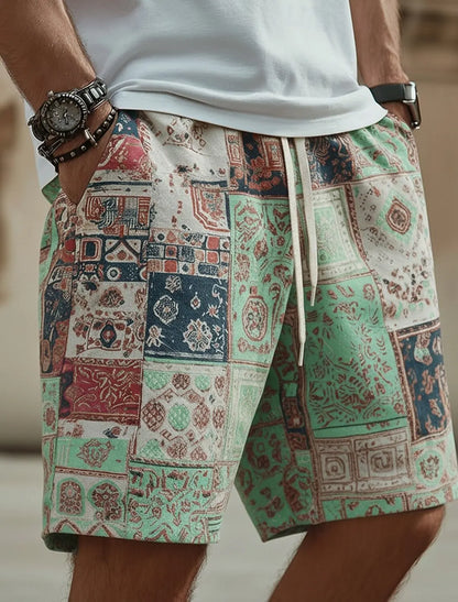 Men's Boho Color Block Patchwork Casual Shorts, Retro Ethnic 3D Print Elastic Drawstring Waist Shorts, Spring Summer Beach