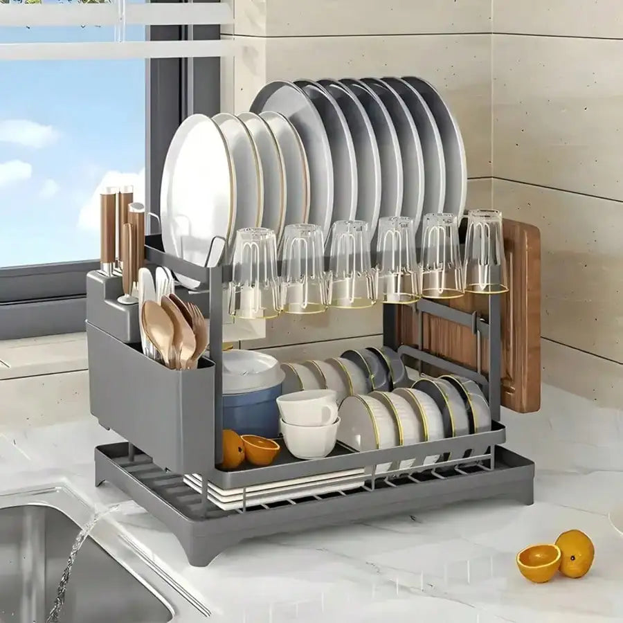 Stozle Double-Layer Dish Drying Rack For Kitchen Countertops, With Drainer Tray, Dish Drying Rack, Kitchen Organization And Stor