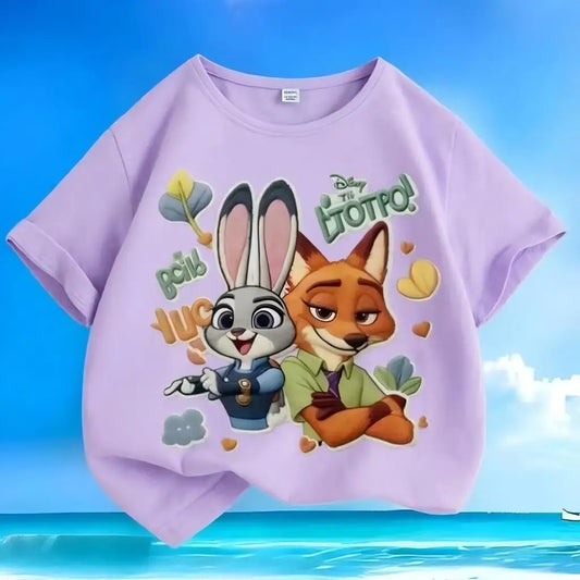 New loose pure cotton t-shirt with Disney Zootopia print, versatile, casual, summer, short-sleeved, with round neck,for children