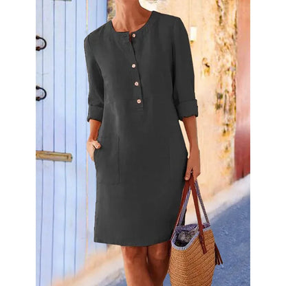 Women's Cotton Linen Tunic Dress – Vintage Long-Sleeve Oversized Mini Dress
