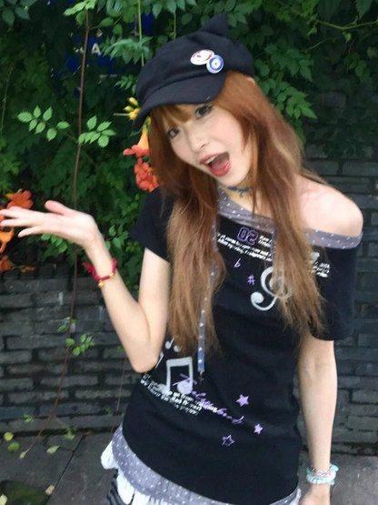 Streetwear Graphic Print T Shirts 2000s Y2k Clothes Top Women Short Sleeve Off Shoulder Sweet Vintage Tshirt False Two-piece