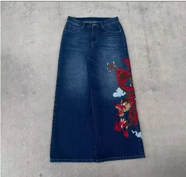 Y2K New Retro Centipede Embroidery Pattern Washed Oversized Wide-Leg Pants Street Gothic Harajuku Floor Pants For Men and Women