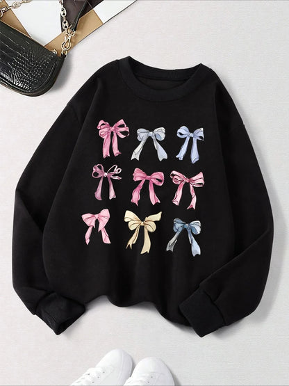 Retro Leopard Print Bow Printed Women Hoodies All-Match Fleece Casual Clothes Street Pullover Winter Autumn Woman Clothing