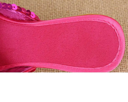 36-40 Women Slippers Sequin Embroider Shoes Summer Silk Fabric Flats Flower Closed Toe Soft Sole Non-slip Chinese Style Footwear