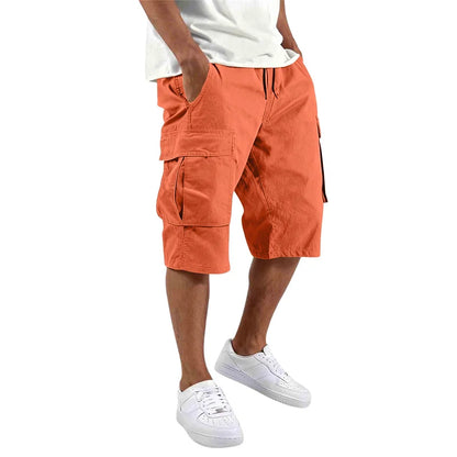 2026 Summer men loose straight pants Casual multi-pocket Shorts pure color fashion Men Shorts drawstring daily cargo short pants
