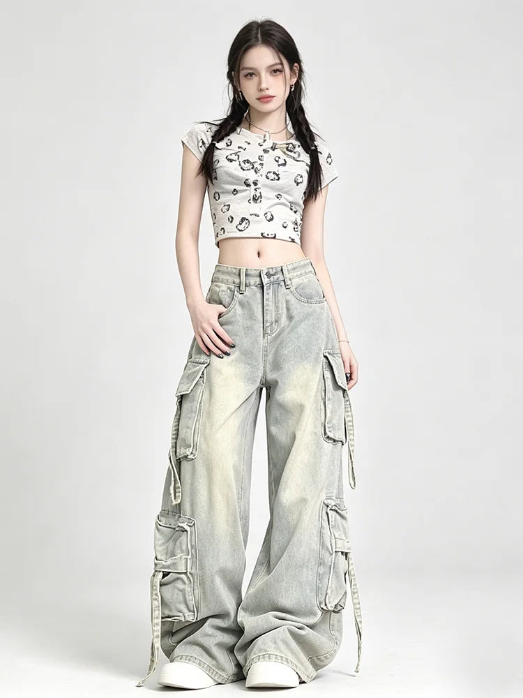Women's Blue Multi Pocket Cowboy Pants Cargo Y2K Japanese Harajuku Streetwear Aesthetics Retro 90S Jeans Pants Clothing 2025 New