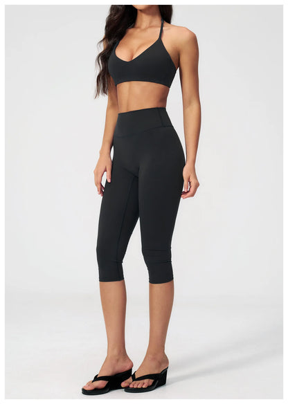 Women 2 Piece Yoga Set High Waist Capri Leggings Sports Bra Crop Top Workout Gym Athletic Outfits Female Fitness Activewear Suit