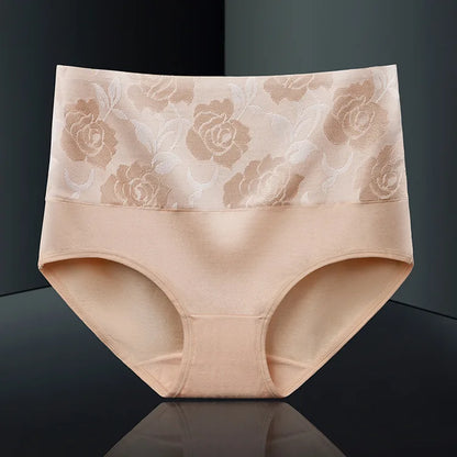 Plus Size L-5XL Women's Briefs Underwear Cotton High Waist Tummy Control Panties Rose Jacquard Ladies Panty Multipack