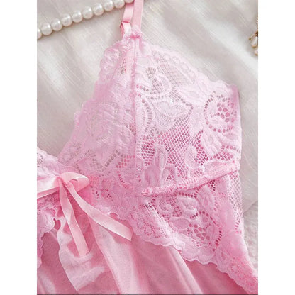 A Set Pink Cute Women Sweet Nightdress And Panty Pijamas Suit Sleeveless Halter Nightgown Short Sets V-Neck Bra Thong Luxury Kit