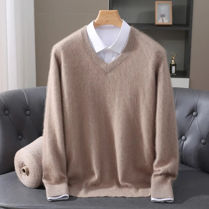Men's 100% Pure Mink Cashmere Sweater V-neck Pullover Knit Bottoming Shirt Autumn And Winter New Long-Sleeve High-End Mink Tops