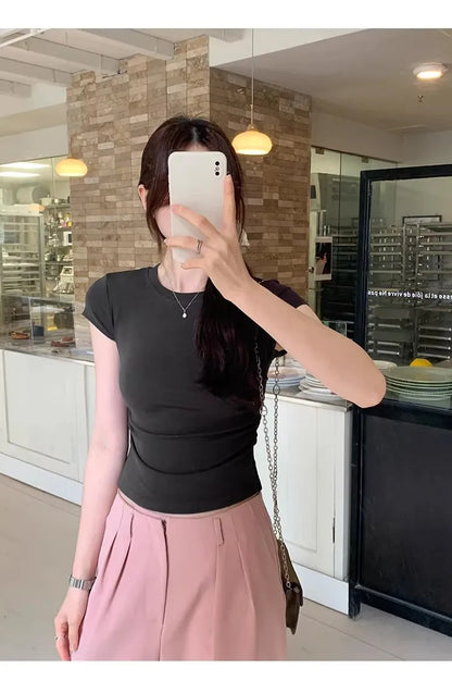 Women's Basic Solid Crop Top Short Sleeve Crewneck Skinny T-shirt Summer Casual Y2K Vintage Harajuku Streetwear