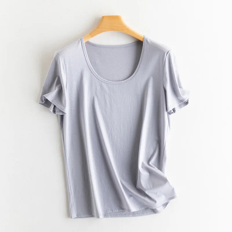 Women's V-Neck T-Shirt – Silk-Linen-Cotton Solid Summer Tee