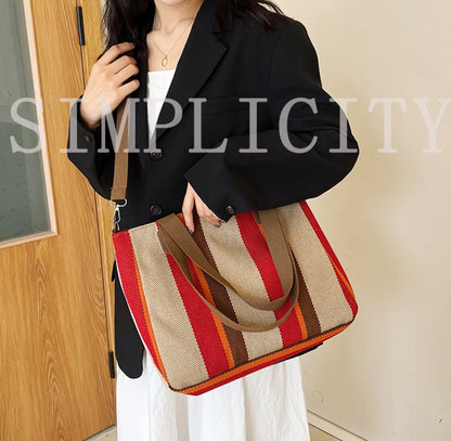 Striped Canvas Tote - Women's Crossbody Shoulder Bag With Zipper Closure, Versatile Daily Use