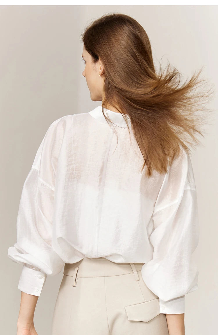 AMII Minimalist Blouse for Women 2023 Autumn Lantern Sleeve V-Neck Slightly Transparent Elegant Commuter Clothing Tops 72341030