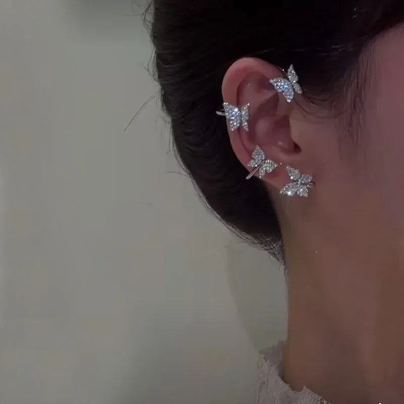 Silver Plated Metal Butterfly Ear Clips Without Piercing for Women Sparkling Zircon Ear Cuff Clip Earrings Wedding Jewelry