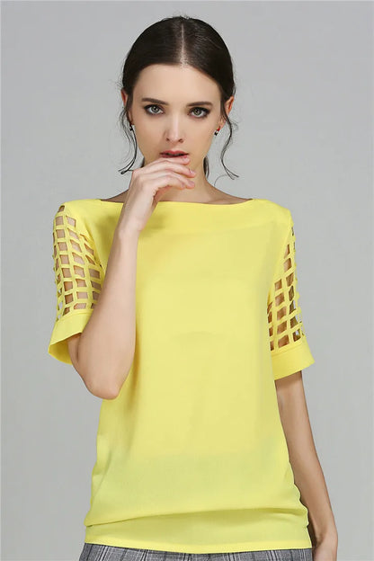 Summer Fashion Women Blouses & Shirts Hollow Out Sleeve Slash Neck Chiffon Blouse Plus Size