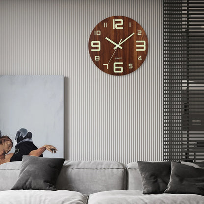 Luminous 12 Inch Silent Wall Clock - Nordic Wood Design with Night Light