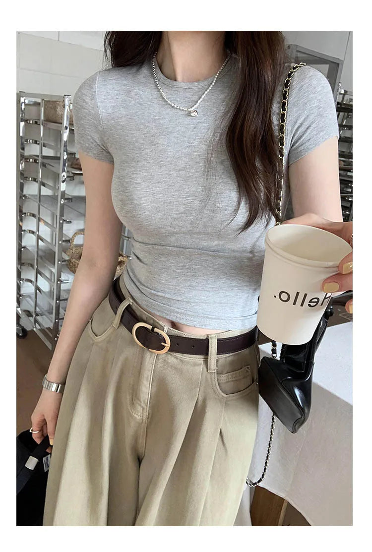 Basic Solid Crop Top Short Sleeve Crewneck Skinny T-shirt Summer Casual Tee for Women Y2K Vintage Top Harajuku Streetwear
