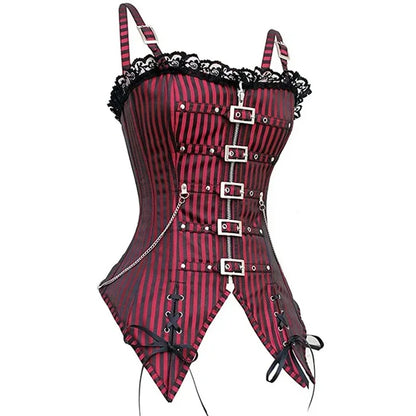 Sexy Women Gothic Corset & Bustier Striped Zip Buckled Steampunk Overbust Corselet Top Vest Punk Rock Style Clothes