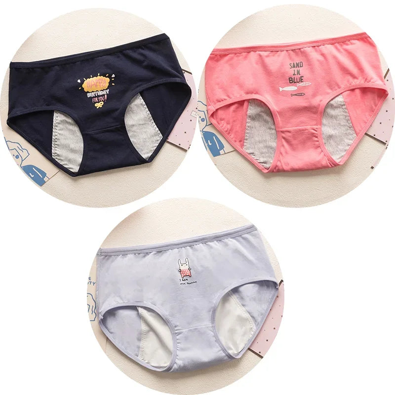 3PCS Cute Cartoon Period Underwear for Girls  Leakproof Teen Menstrual Panties 4-Layer Absorbent Reusable Washable Underwear