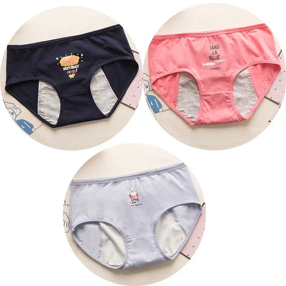 3PCS Cute Cartoon Period Underwear for Girls  Leakproof Teen Menstrual Panties 4-Layer Absorbent Reusable Washable Underwear
