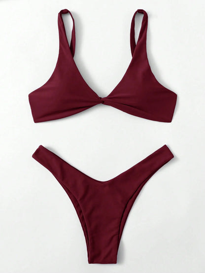 Solid Tie Bikini Set - Padded Push-Up High Leg Brazilian Swimsuit for Women - ZOOMNSTORE
