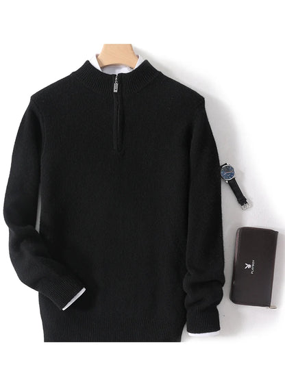 Men Mock Neck Zipper Sweaters 100% Merino Wool Pullover Casual Fashion Clothing Autumn Winter Thick Cashmere Knitwear Tops