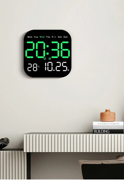 Digital Wall Clock with Temperature and Date - LED Alarm Clock 1224H Remote Control