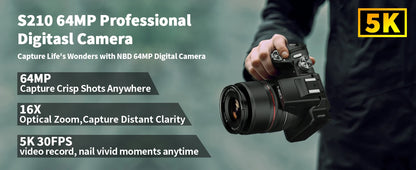 64MP Digital Camera - 5K Video, 16X Optical Zoom & WiFi Camera Control for Vlogging