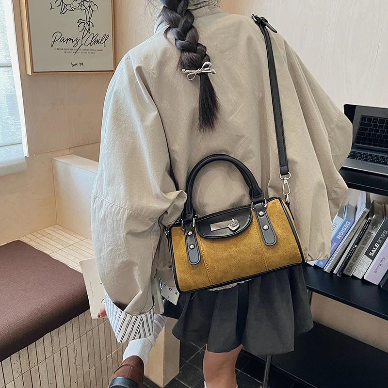 Faux Suede Shoulder Bag - Vintage Style Small Bucket Crossbody With Zipper Closure