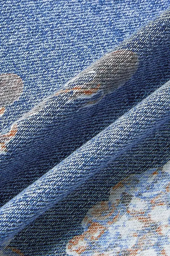 New for 2026: Women's Blue High-waisted Stretch Jeans, Vintage-style Loose-fit Wide-leg Denim Pants with A Floral Print.