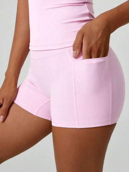 Women's Sweet Sports Short Sleeve High Waist Tummy Control Butt Lifting Shorts Set