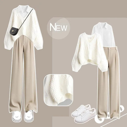 Women Autumn/Winter Suit 2025 New Fashion Hole Knitted Sweater White Shirt Casual Pants 3-Piece Set Korean Elegant Matching Set