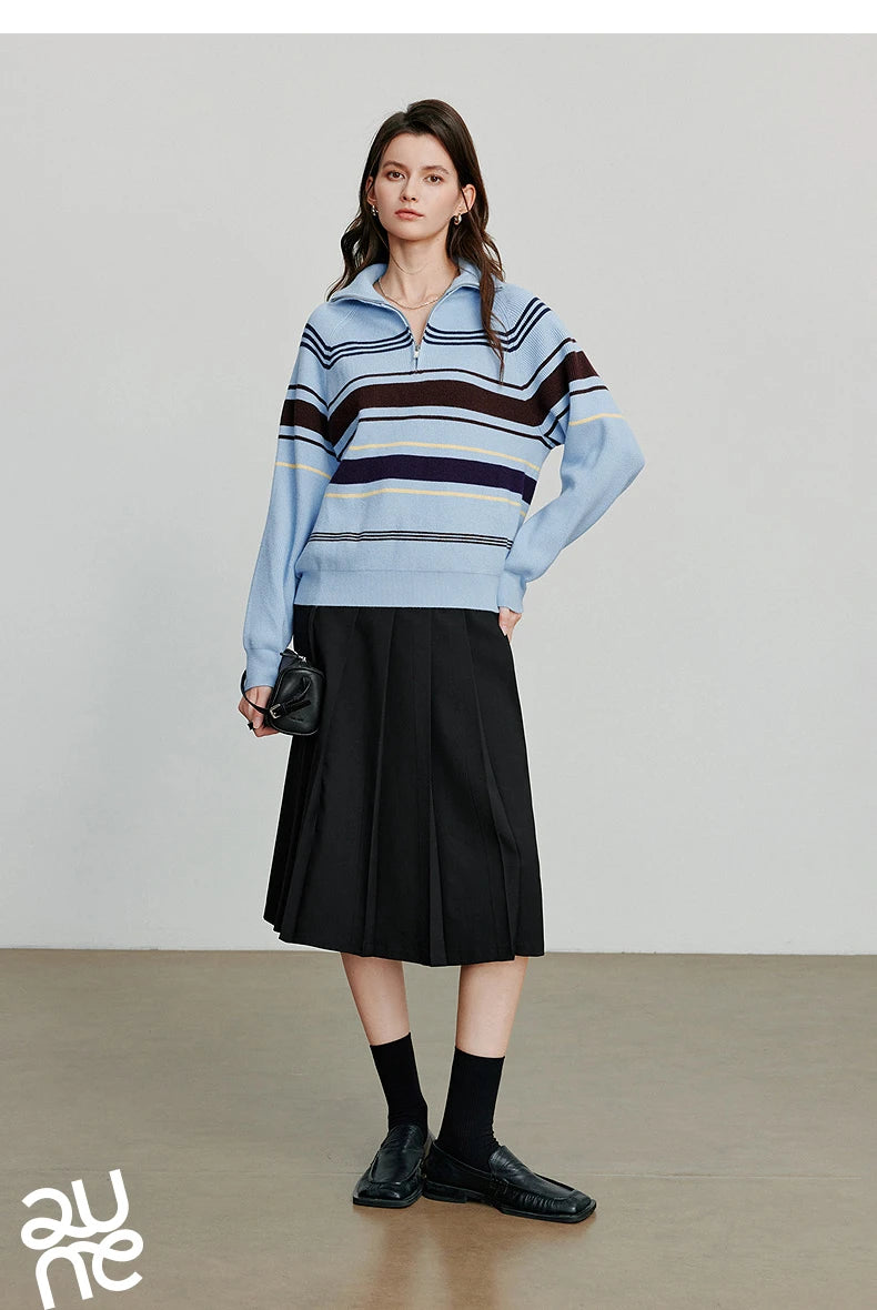 TOYOUTH Women Knitted Sweater 2026 Autumn New Fashionable Style Striped Zipper High Collar Woolen Pullover Sweater Tops