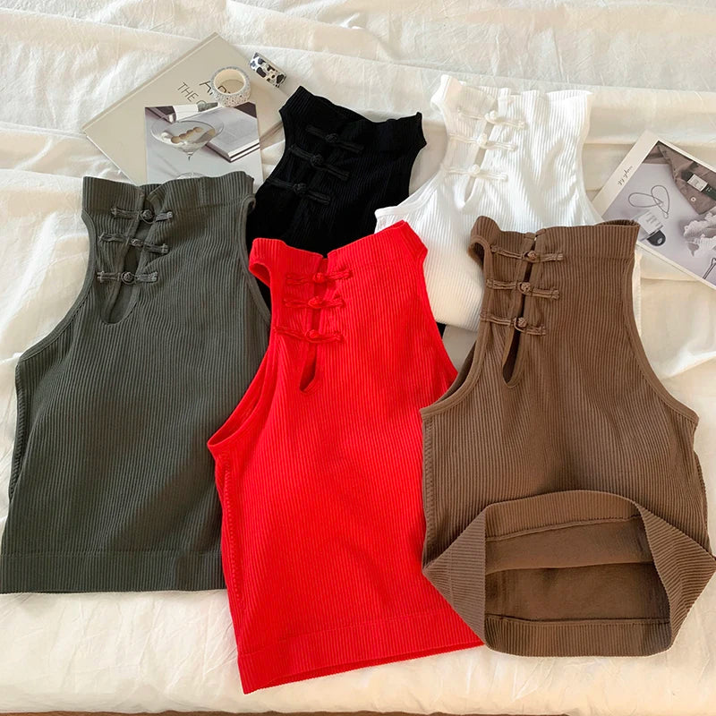 ITOOLIN Elegant Women Chinese Button Tank Tops With Bra Pad O-Neck  Sleeveless Tank Tops For Women Sexy Crop Tops All-Match 2024