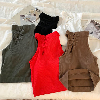 ITOOLIN Elegant Women Chinese Button Tank Tops With Bra Pad O-Neck  Sleeveless Tank Tops For Women Sexy Crop Tops All-Match 2024