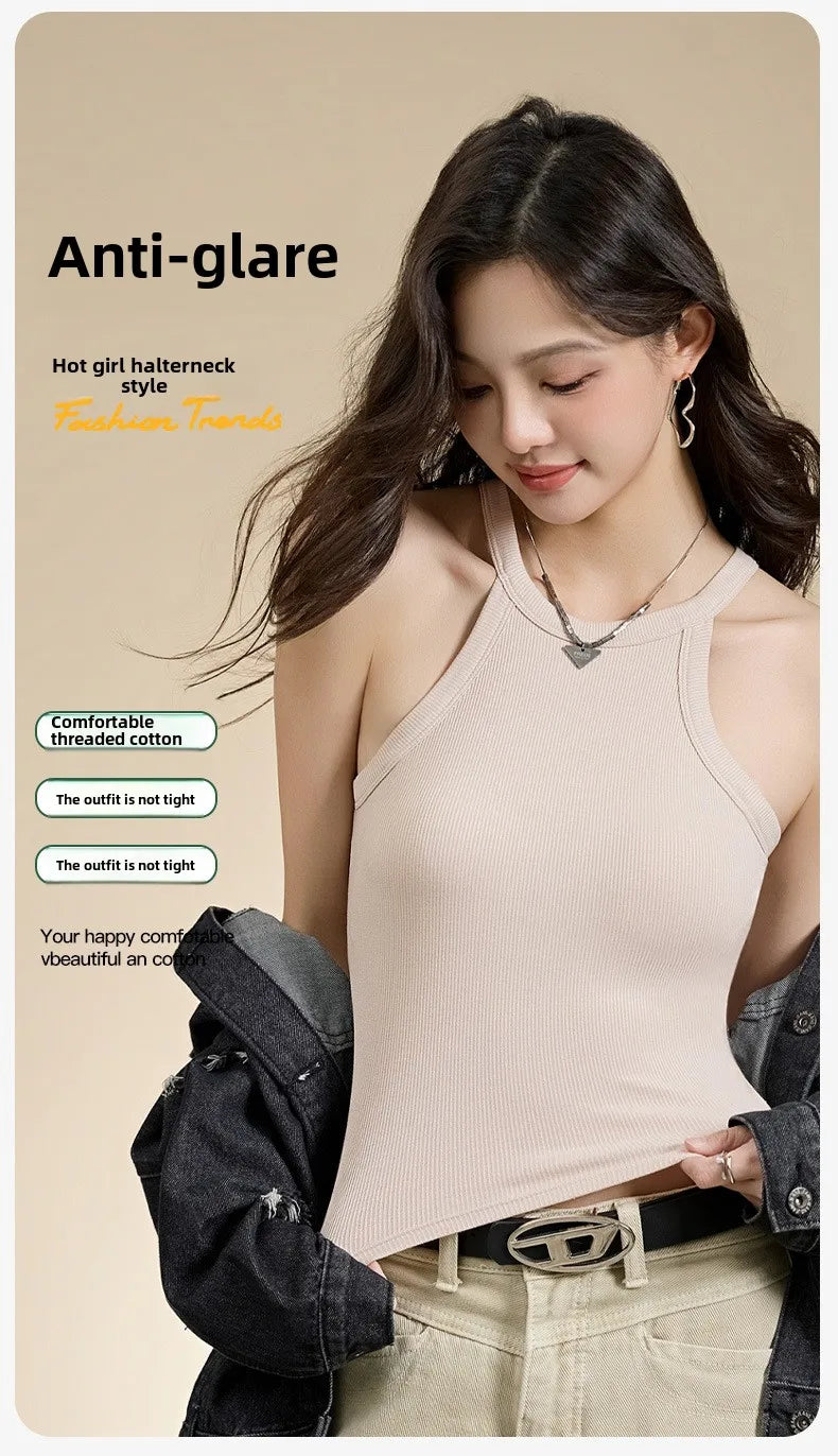 Threaded Halter Neck Camisole Top With Build-in Bra High Elastic Slim-fitting Sling Fixed Cup Breathable Women Underwear