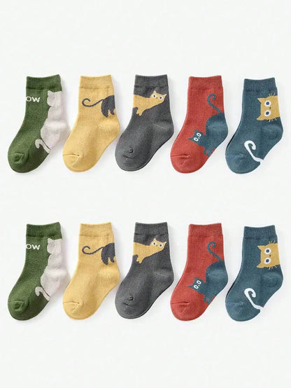 5 Pairs of Four-season Baby Socks Spring & Fall Cartoon Kitten Winter Mid-tube Socks Boys and Girls  Socks Toddler