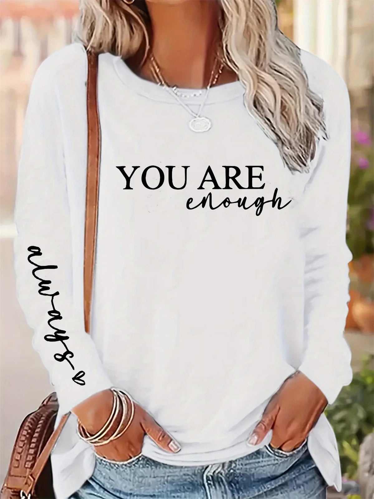 Women's Spring and Autumn 100% Cotton Fashion Casual Loose You Are Enough Printed Round Neck Long Sleeve T-shirt Top