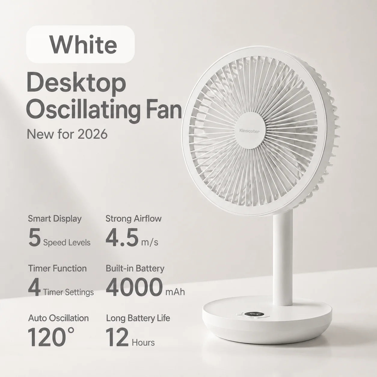 BLDC Oscillating Desktop Fan 4000mAh 5 Wind Speeds Silent Portable Rechargeable Fan with Timing Function for Home Room Gift