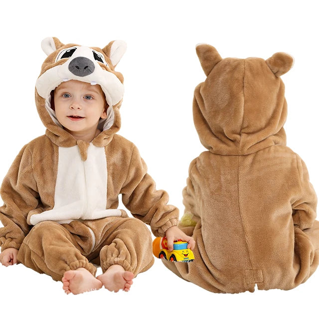 Baby Winter Rompers - Soft Polyester Hooded Jumpsuit With Animal Pattern, Machine Washable
