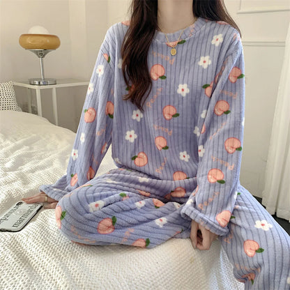 Winter Women's Pajamas Homewear Suit New Coral Fleece Warm Set of Fall and Winter Comfortable Warm Pajamas Homewear Suit