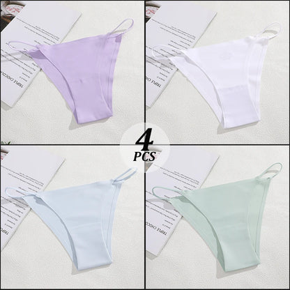 4PCS/Set Seamless Thin Strap Thong Underwear Women Low Rise Briefs Ice Silk Comfortable Panties Multi Color No Trace Lingerie
