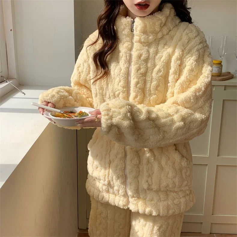 Autumn Winter Sweet Coral Fleece Pajamas Women Fleece-lined Thickened 2023 New Zip-up Flannel Warm Home Wear Set