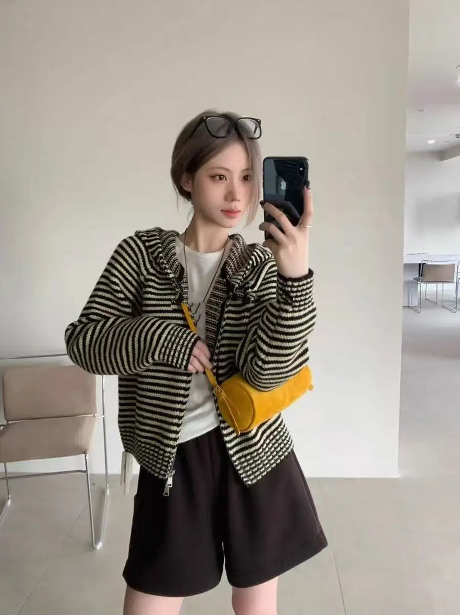 Purple Striped Hooded Sweater Jacket Women's Open Cardigan Autumn Winter Korean Style Soft Thickened Knitted Shirt Inner Wear...